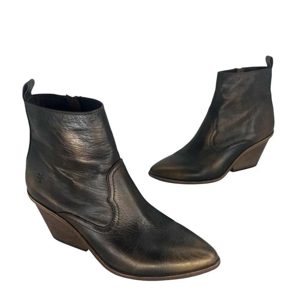 Frye‎ Amado Wedge Ankle Bootie Bronze Brown Leather 7.5
